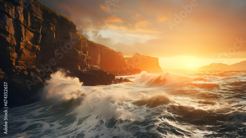 Majestic coastal cliffs bathed in golden sunlight, overlooking the vast expanse of the ocean as waves crash against the rugged shore. Ai Generated.NO.01
