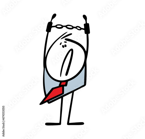 Unfortunate stickman businessman raised arms up and demonstrates handcuffed hands. Vector illustration of sad man with restriction of freedom in business. A financial criminal.
