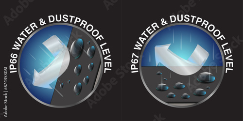 IP66, IP67 and IP68 Waterproof and dustproof protection rating. Water and dust protective capability Label. Water and dust protection level icon and symbol. Vector.