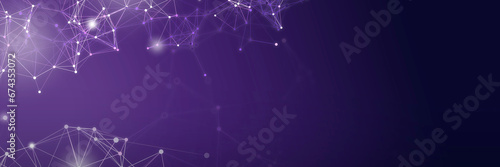 Texture chaotic communication network. Pattern connecting line, dot, glow star. Purple background frame. Banner presentation, social network.
