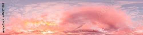 Sunset sky panorama with bright glowing pink Cirrus clouds. HDR 360 seamless spherical panorama. Full zenith or sky dome in 3D, sky replacement for aerial drone panoramas. Climate and weather change.