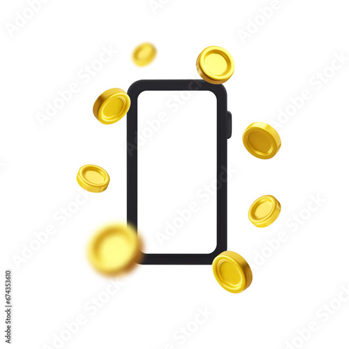 Vector 3d phone with gold coins flying. Smartphone template or mockup. Cashback icon isolated on white background