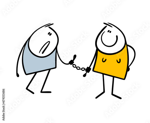 Doodle wife handcuffed husband to her, restricted freedom of partner. Vector illustration of impudent woman dominating and controlling family, cartoon stickman upset.
