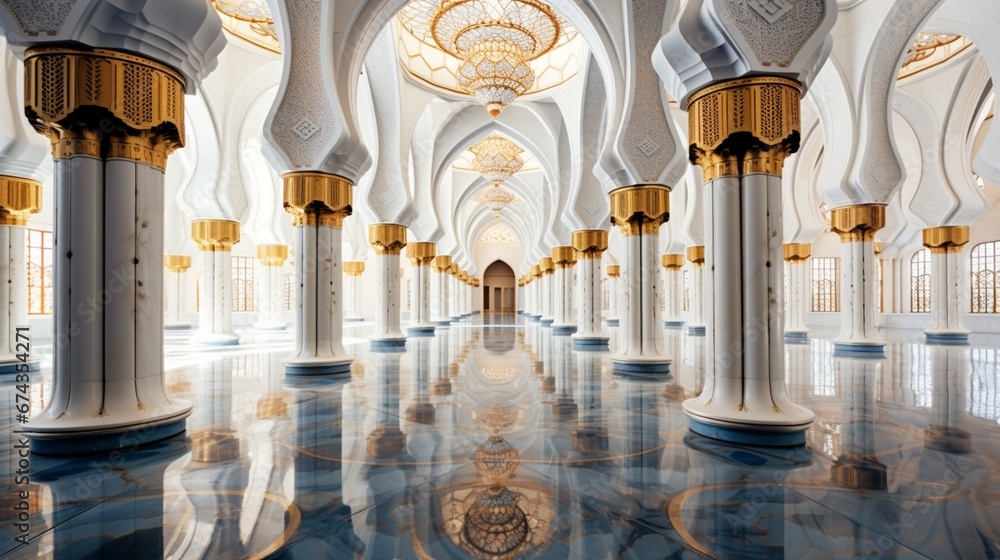Fototapeta premium Architectural Harmony: The Magnificence of a Beautiful Mosque Mirrored in the Shiny Marble Floor Beneath