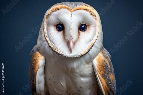 A mysterious barn owl, its heart-shaped face and dark eyes staring intently, captured in a studio portrait, set against a vibrant solid background, exuding an aura of wisdom.