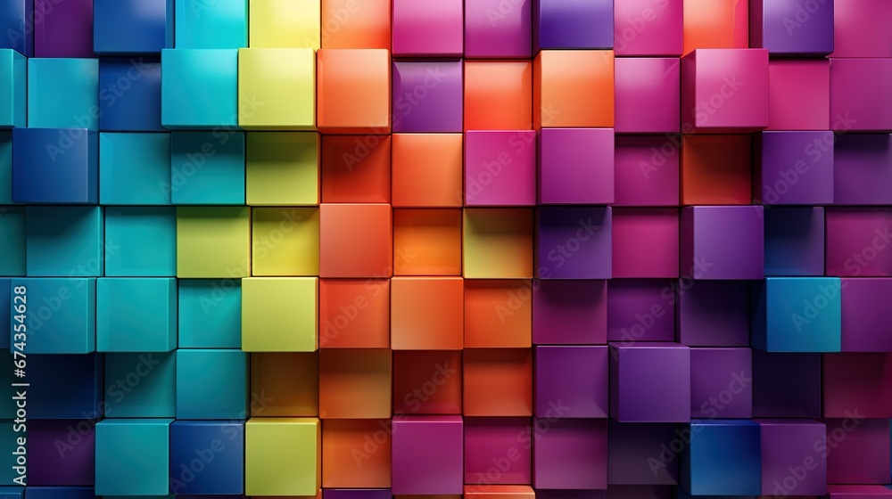 Arrangement of semigloss tiles forming a colorfull wall with a futuristic, 3D background made of rectangular blocks