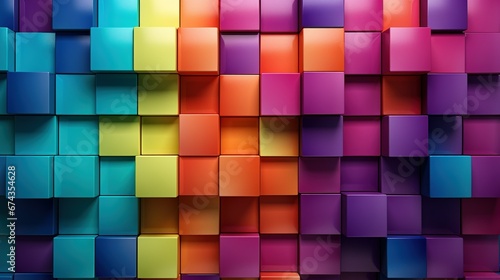 Arrangement of semigloss tiles forming a colorfull wall with a futuristic, 3D background made of rectangular blocks