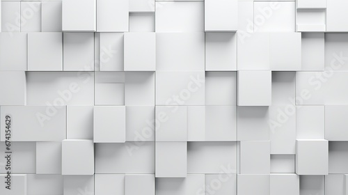 Arrangement of semigloss tiles forming a white wall with a futuristic, 3D background made of rectangular blocks