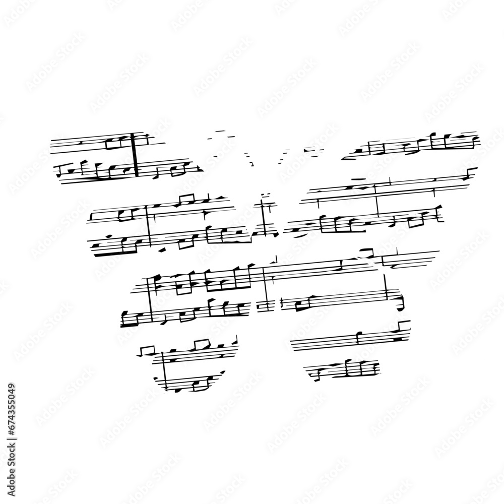 Fototapeta premium Butterfly silhouette with music vintage decoration scrapbook element isolated on white background.