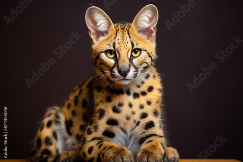 A mysterious serval, with its spotted coat and keen eyes, captured in a studio portrait, its wild beauty standing out against a bright solid background.