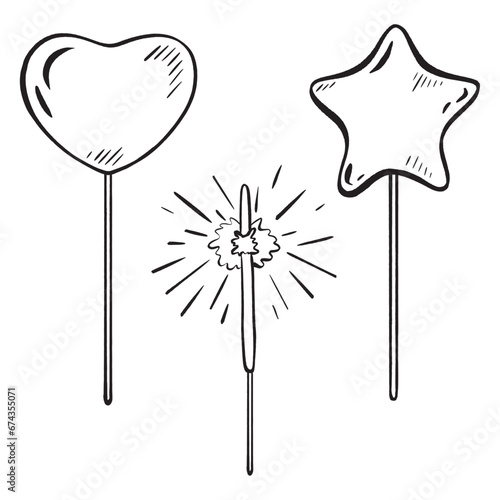 Hand-drawn vector set of cake toppings. Various festive elements: heart, star, sparkler. Decorate cakes, muffins, or any dish. 3D elements, highlights on tips, sparks for kids parties