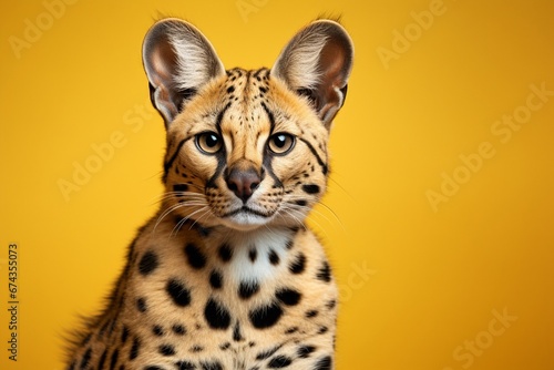 A mysterious serval, with its spotted coat and keen eyes, captured in a studio portrait, its wild beauty standing out against a bright solid background.