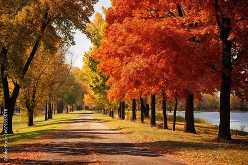 Beautiful autumn landscape with trees and colorful leaves in park. Fall leaves background