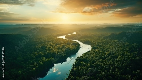 Beautiful green amazon forest landscape at sunset sunrise. Adventure explore air dron view vibe. Graphic Art