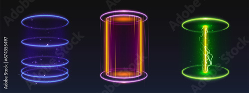 Round light portals isolated on black background. Vector realistic illustration of futuristic neon blue, yellow, green holograms for game ui design, sparkles, digital teleport, lightning strike effect