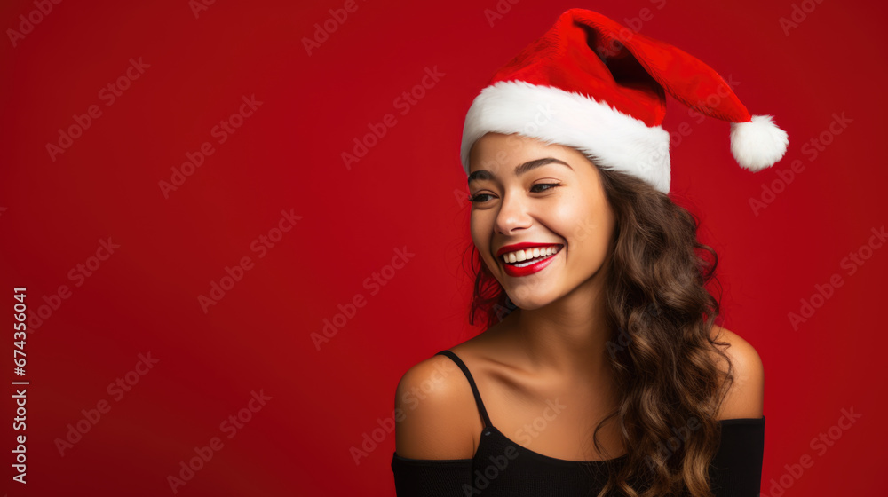 Joyful woman wearing a Santa hat, laughing against a vibrant red background, embodying the festive spirit of Christmas. Joyful woman wearing a Santa hat, laughing against a vibrant red background, embodying the festive spirit of Christmas.