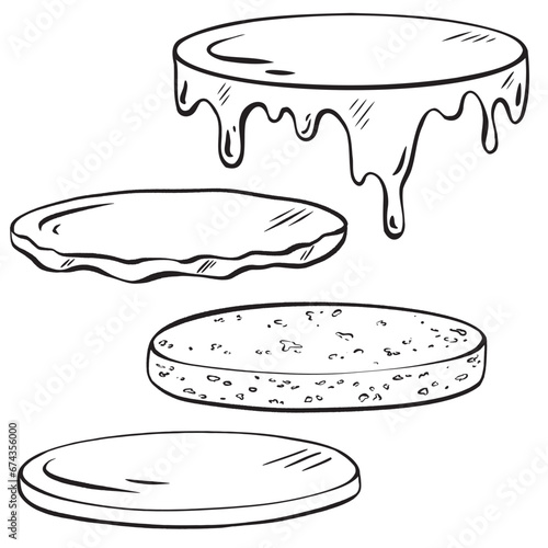 Hand-drawn vector sketch. Cake builder. Light, airy sponge layers, delicate filling, cascading glaze. Create your own cake for celebrations, birthdays, anniversaries, and weddings