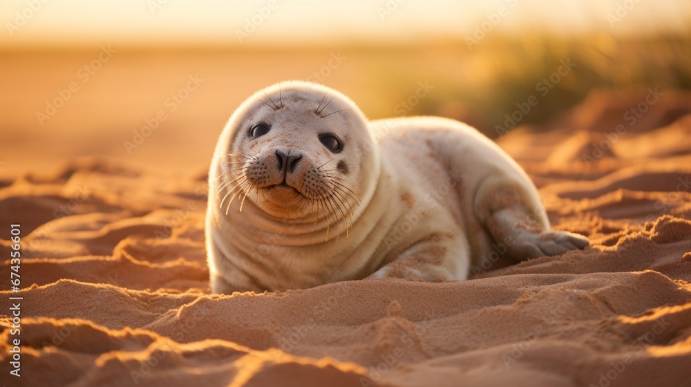 A newborn seal pup lying on a sandy beach, basking in the warm sunlight. - obrazy, fototapety, plakaty 
