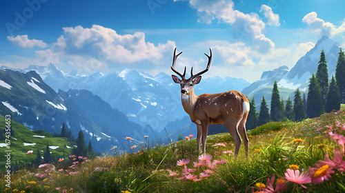 Serene alpine meadow dotted with wildflowers, where grazing deer and chirping birds create a harmonious symphony of nature. Ai Generated.NO.01