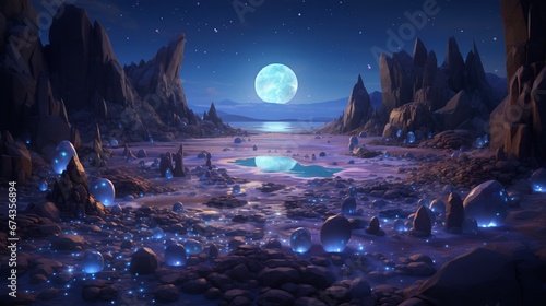 A nighttime scene with gemstones and pebbles arranged to form constellations, illuminated by soft starlight, creating a celestial and magical atmosphere.