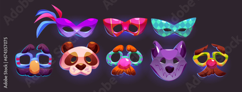 Set of carnival fest masks isolated on black background. Vector cartoon illustration of masquerade party costume elements for face decorated with feather, glasses, clown nose, moustache, animal muzzle