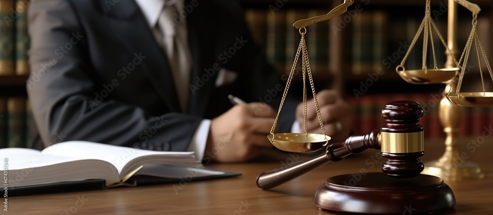 Male lawyer or judge working with documents in courtroom. Law and justice concept.