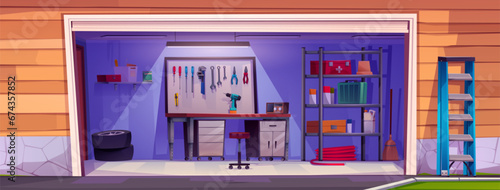 Garage interior with mechanic tools. Vector cartoon illustration of home workshop design, repair equipment on shelves, wrenches on wall, radio and screwdriver on desk, metal drawer for instruments