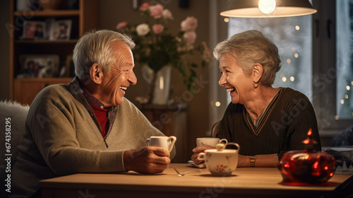 Elderly couple sharing a warm and intimate moment  while holding a cup of coffee  surrounded by the soft glow of candlelight  desserts  on a cozy dining table.