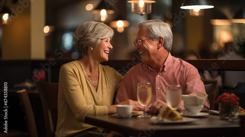 An elderly couple shares a heartfelt moment over dinner, laughing and connecting amidst the warm ambiance of a candlelit restaurant.