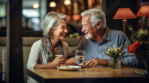 An elderly couple shares a heartfelt moment over dinner, laughing and connecting amidst the warm ambiance of a candlelit restaurant.