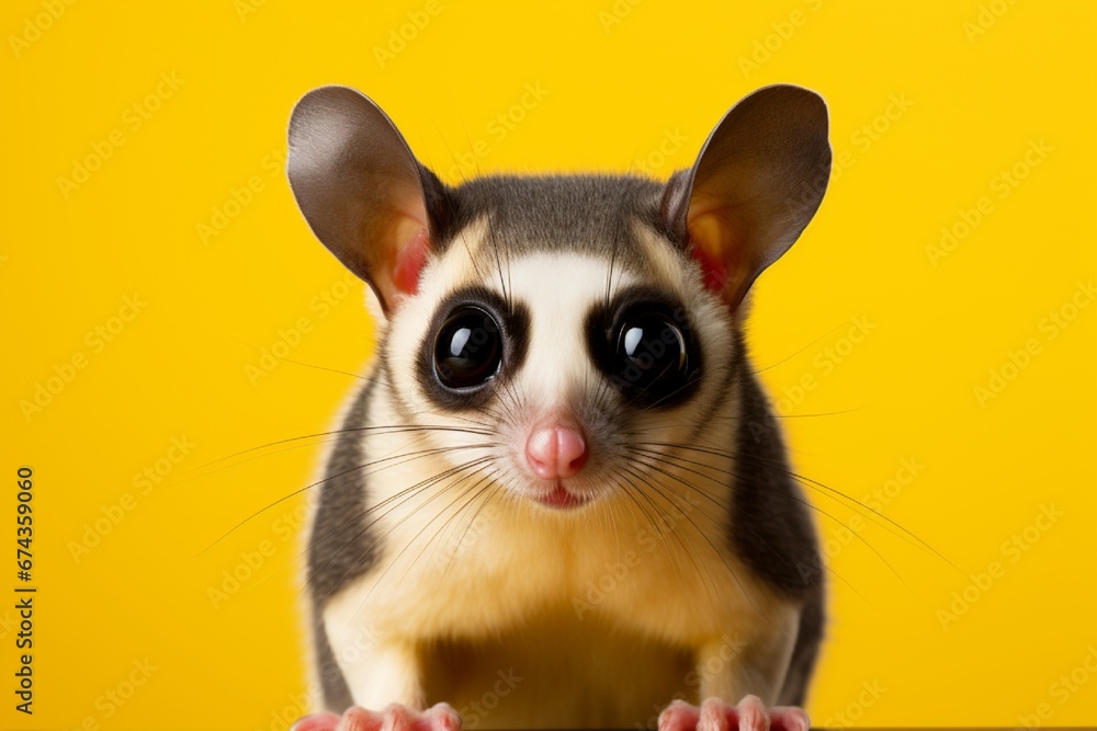 A playful sugar glider, with its wide eyes and furry tail, photographed in a studio, isolated on a vibrant solid color background, exuding a sense of energy and cuteness.