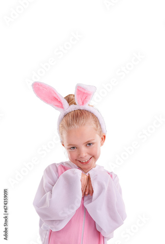 Bunny, portrait and girl child with funny costume on isolated, transparent or png background. Rabbit, outfit and face of playful kid with cute clothing for halloween, easter or theme birthday party