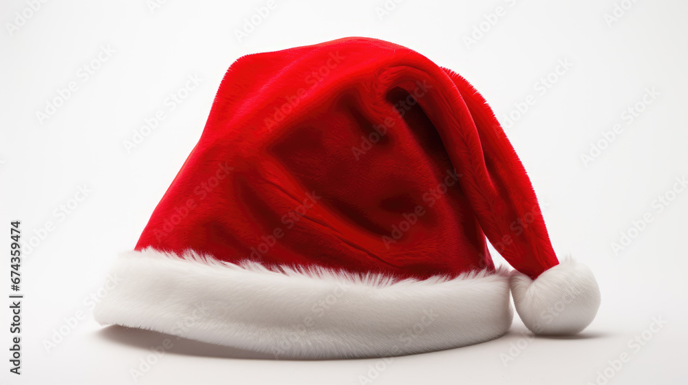 Red Santa Claus hat with a white fur trim and pompom, typically associated with Christmas festivities, against a white background. Red Santa Claus hat with a white fur trim and pompom, typically associated with Christmas festivities, against a white background.