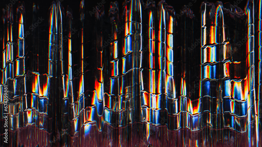 Obraz premium Glitch design. Abstract lines. Interference noise. Black background with rainbow yellow blue white broken zigzag ornament distortion blurred pattern.