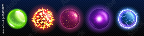 Magic game balls set isolated on transparent background. Vector realistic illustration of neon color energy balls with explosion, sparkling texture, fire sparkles, lightning bolts, round space objects