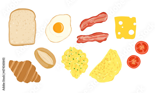 Set of breakfast foods. Hand drawn vector illustration. Toast, fried egg, bacon, cheese, omelette, scramble egg, tomato. 