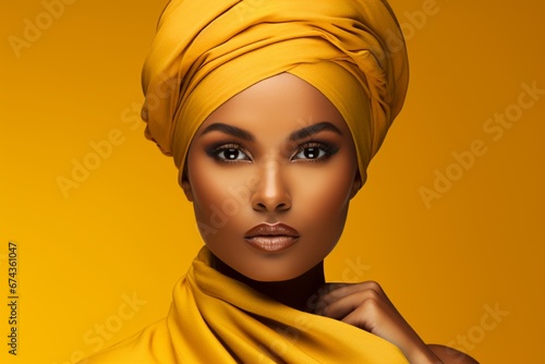 A poised and graceful person in modest attire, representing ultra beauty and confidence, captured in high definition against a sunshine yellow background, their eyes sparkling with determination. © LOVE ALLAH LOVE