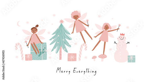 Christmas Cute Fairy. Magical holidays - vector card in flat style. Cute fairies in different dresses isolated on white background
