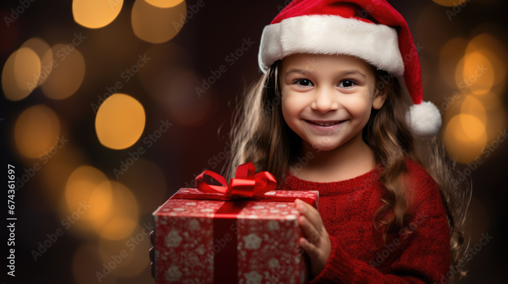 A joyful child with curly hair, dressed in red, holds a Christmas gift with a sparkling bokeh light background. A joyful child with curly hair, dressed in red, holds a Christmas gift with a sparkling bokeh light background.