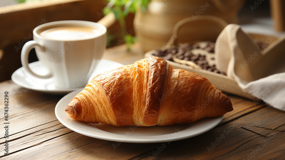 breakfast croissants and fruits served on plate at the tables with beautiful morning background, collection of delicious food and breakfast theme breakfast croissants and fruits served on plate at the tables with beautiful morning background, collection of delicious food and breakfast theme