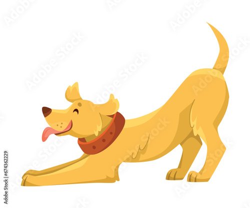 Dog Breed with Brown Coat and Collar on Neck Stretching Vector Illustration