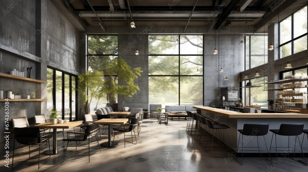 Modern cafe with bar and chairs with concrete walls and light from windows, Generative Ai
Modern cafe with bar and chairs with concrete walls and light from windows, Generative Ai