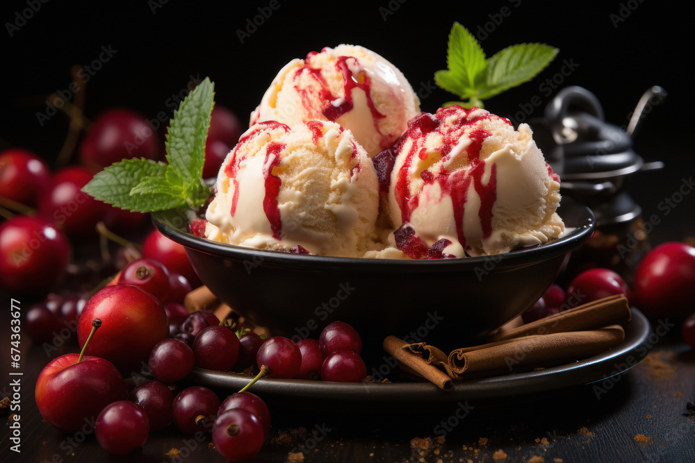 Bowl full of ice cream with strawberry. Bowl full of ice cream with strawberry.