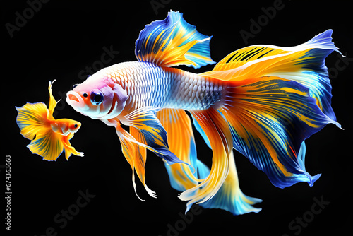 Betta gold fish. Colorful fighting Siamese fish with beautiful flower tail and fins isolated on black. Amazing exotic floral tropical goldfis generative AI