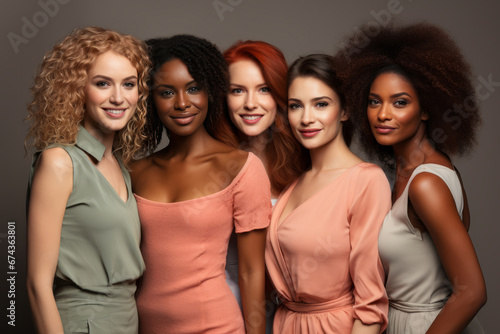 Half-length portrait of five cheerful young diverse multiethnic women. Female friends smiling at camera while posing together. Diversity, beauty, friendship concept. Isolated over grey background.