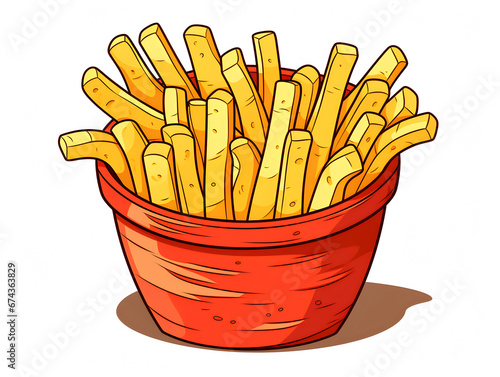 A bright and appealing illustration of a red container full of golden French fries, perfect for representing fast food and snacks.