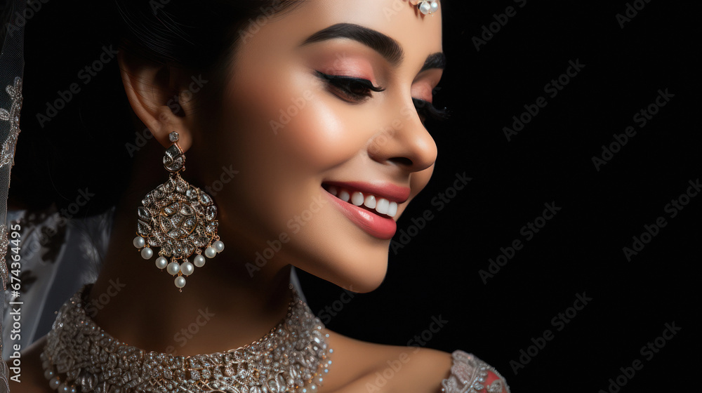 Close up side view of Beautiful indian bridal with jewelery