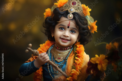 Cute indian little boy in lord krishna costume photo