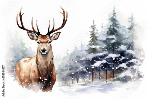Watercolor deer on background snow forest landscape