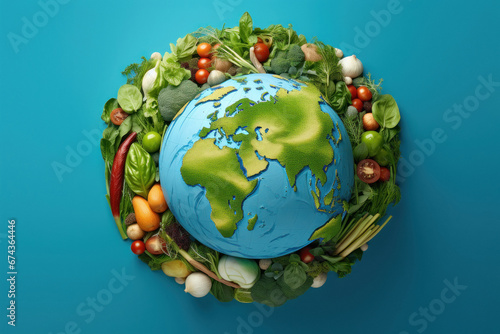 Globe made from vegetable on blue background.